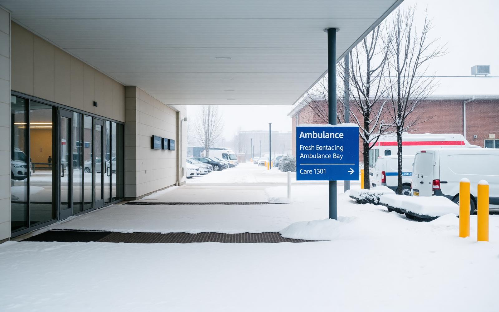Ambulance bay and main entrance held safe through overnight event — snow covered