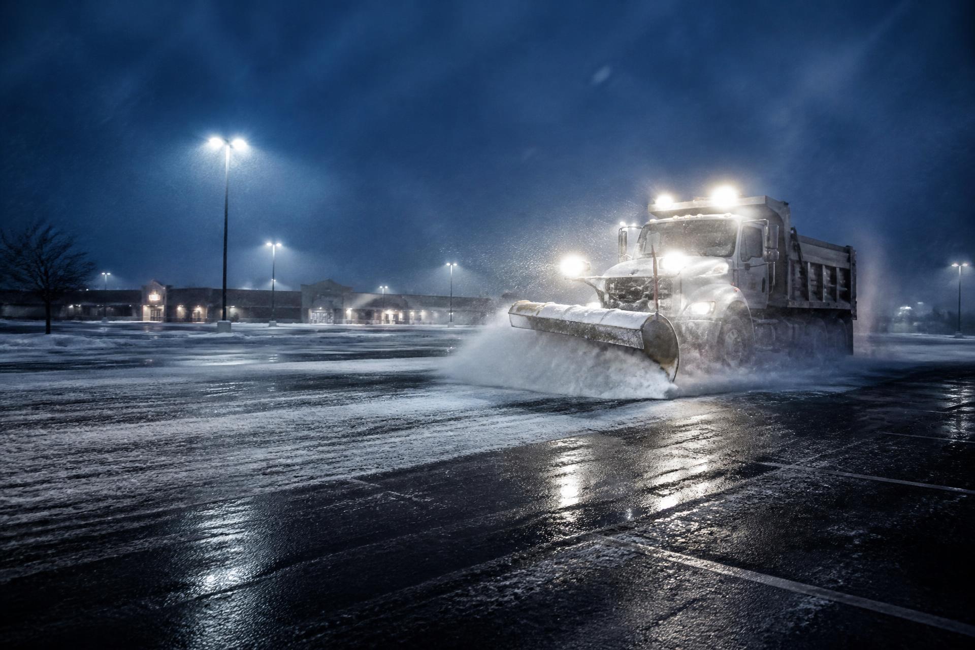 Commercial snow plough clearing a retail car park before dawn