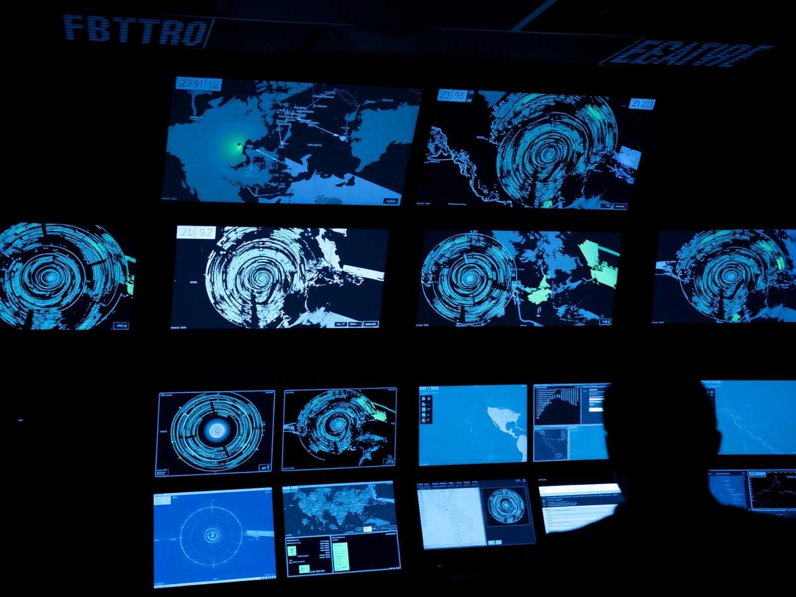 Operations control room with weather radar and GPS fleet tracking