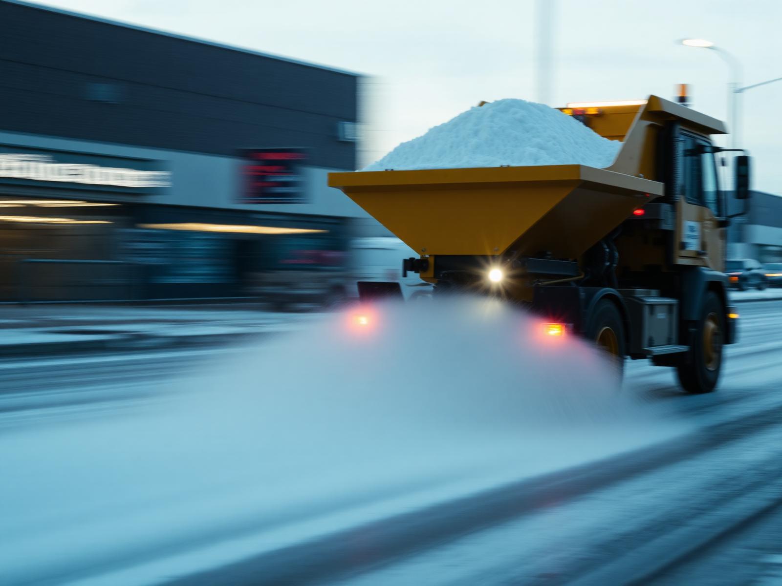 Calibrated gritter applying rock salt to a commercial road